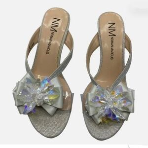 Neiman Marcus Silver Glitter Open-Toe Mules with Iridescent Crystal Flower